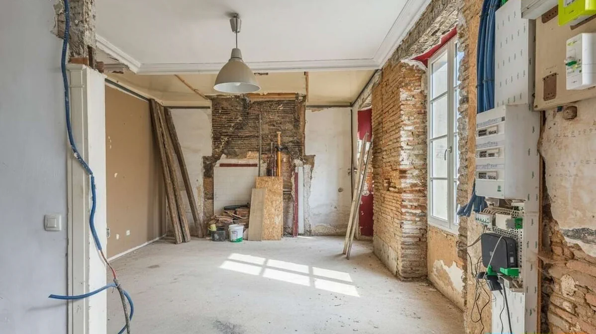 Pièce d’appartement en rénovation avec briques apparentes, ancienne cheminée et passages de réseaux.
