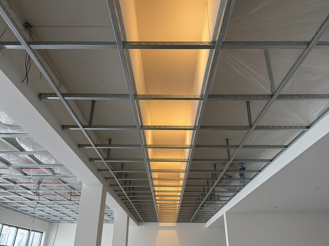 Ossature de faux plafond dans un bureau avec gorge lumineuse centrale allumée avant la fermeture des parties latérales.