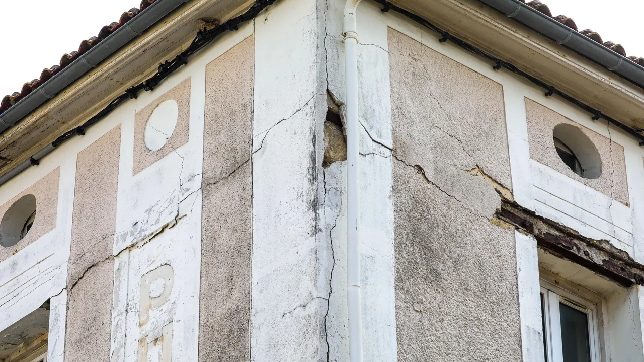 Angle de façade présentant plusieurs fissures, des parties de revêtement manquantes et des dégradations autour d’une baie.