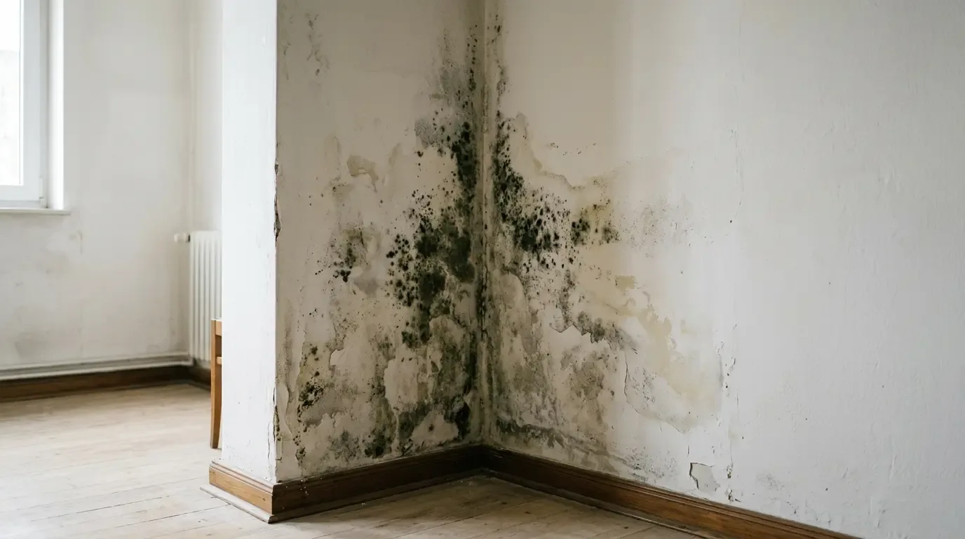 Moisissures et enduit dégradé dans l’angle intérieur de deux murs, près d’une pièce éclairée par une fenêtre.